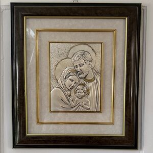 Vintage Italian Silver Relief Holy Family Plaque Framed Religious Wall Art 18x20